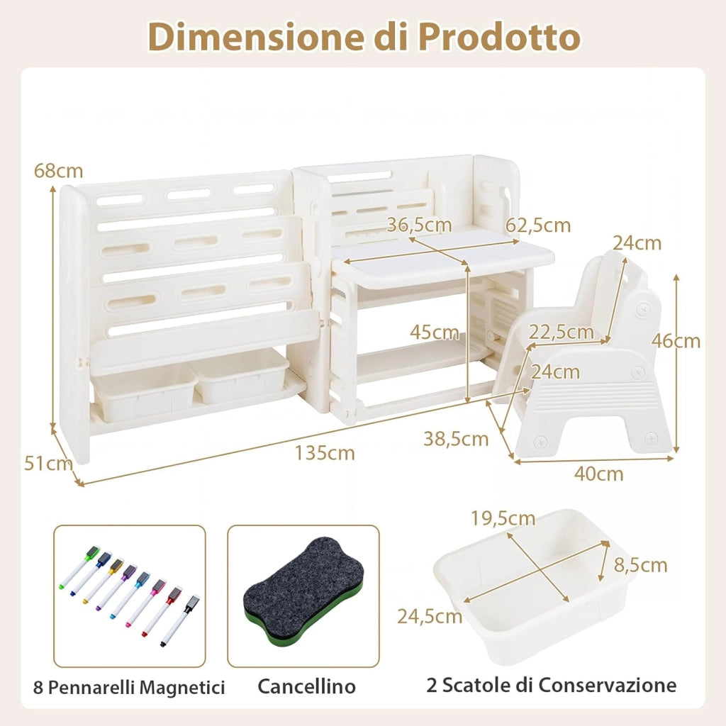 Set Tavolo e Sedia per Bambini 3+ Anni, Tavolino per Bambini con Scaffali Laterali e Cestini Portaoggetti, Piano Inclinabile e Lavagna Cancellabile, Tavolino e Sedie per Cameretta Ragazzi