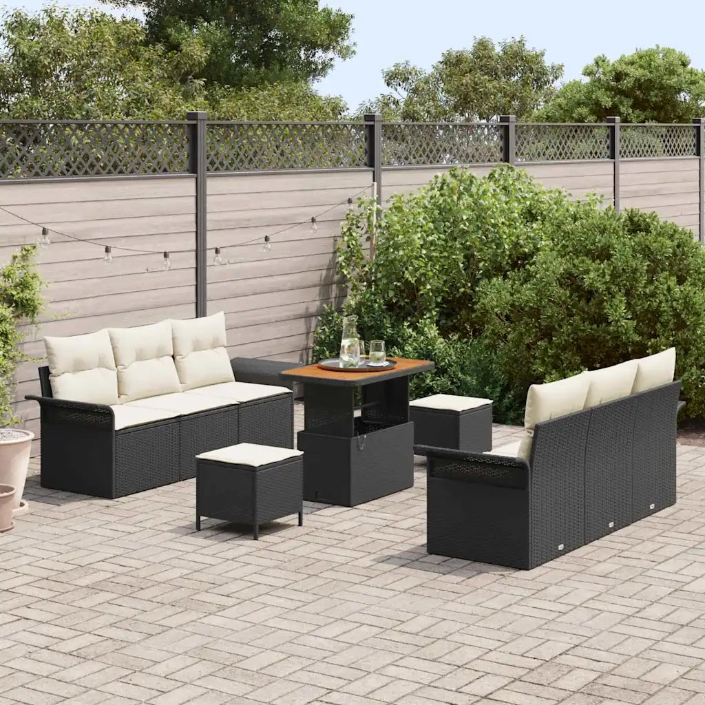 Set Divano da Giardino con cuscino 9 pcs Nero polyrattan