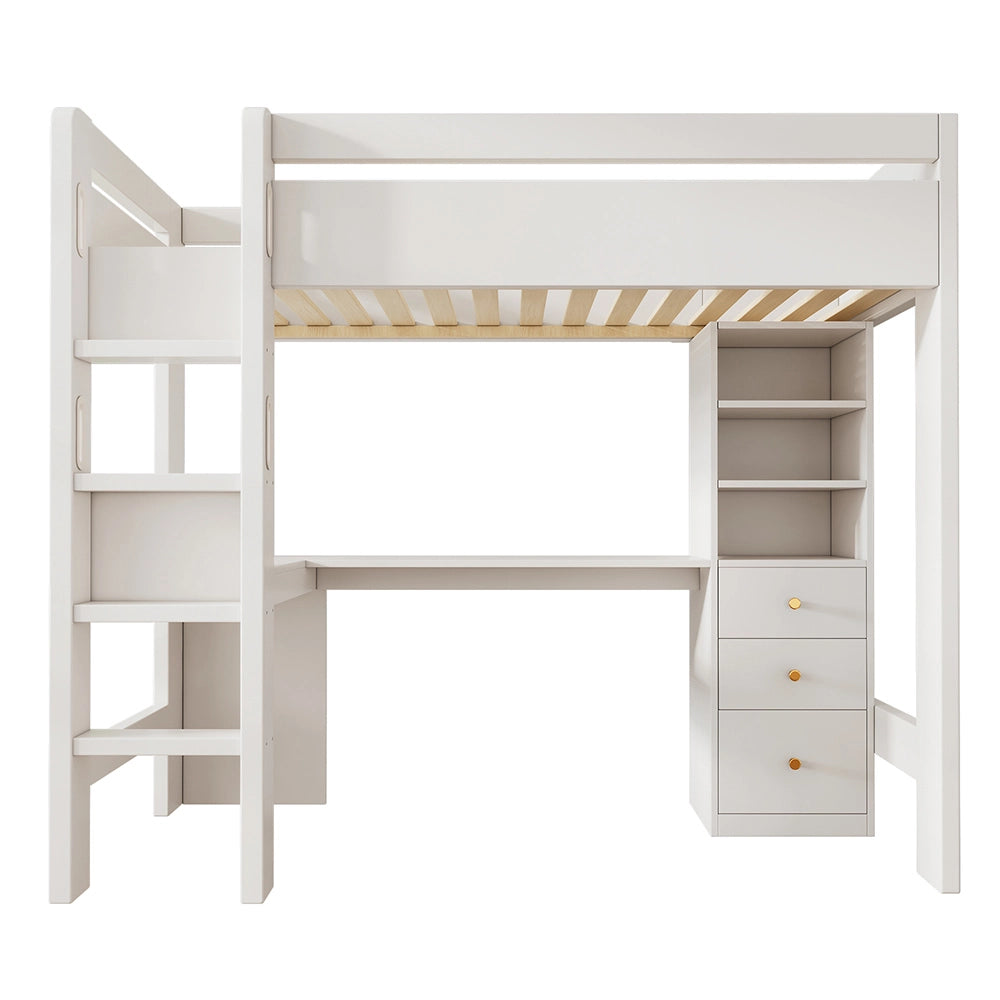 Letto a castello-Xylo-90x200 cm-scrivania L, ripiani, cassetti, USB/Type-C, bianco