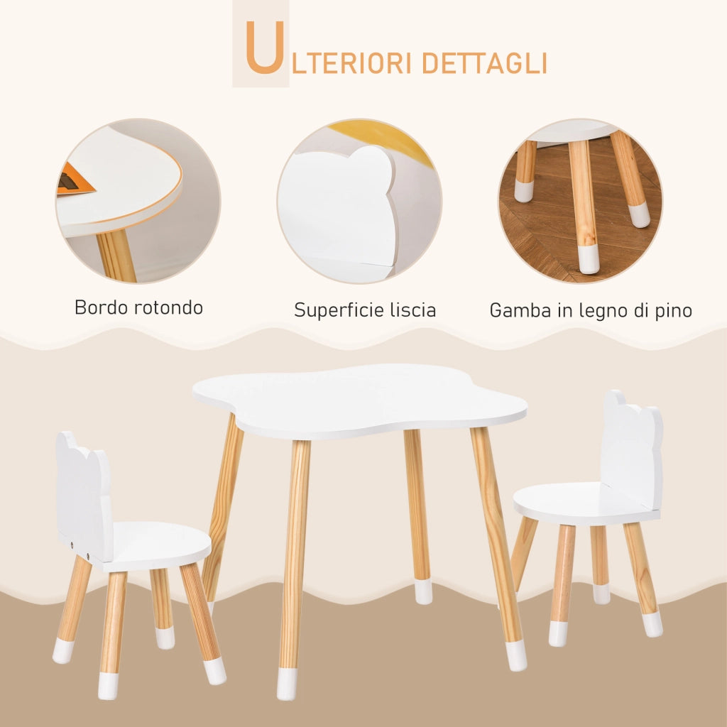 Set Tavolino con 2 Sedie per Bambini a Forma di Orsetto in Legno. Bianco