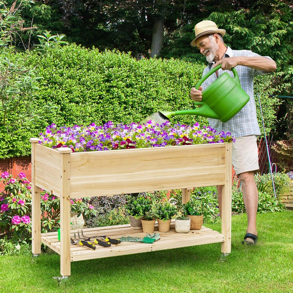 Letto da Giardino Rialzato, Fioriera da Esterno Alta con Ruote Bloccabili e Rivestimento Protettivo, Aiuola Rialzata per Orto, Fiori e Verdure da Cortile e Patio,120 x 59 x 84 cm