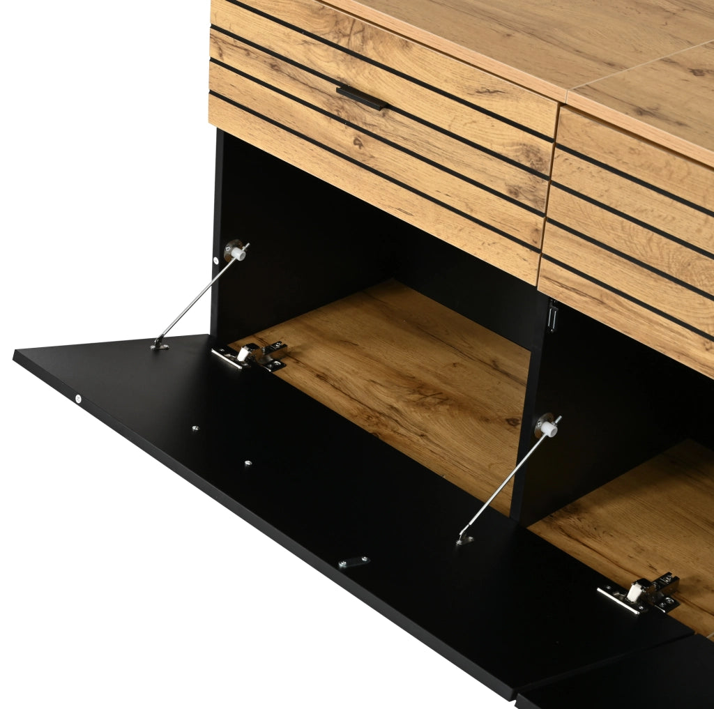 Mobile TV 168x38x59 cm con 3 cassetti e 2 ante a ribalta in MDF e truciolato naturale e nero