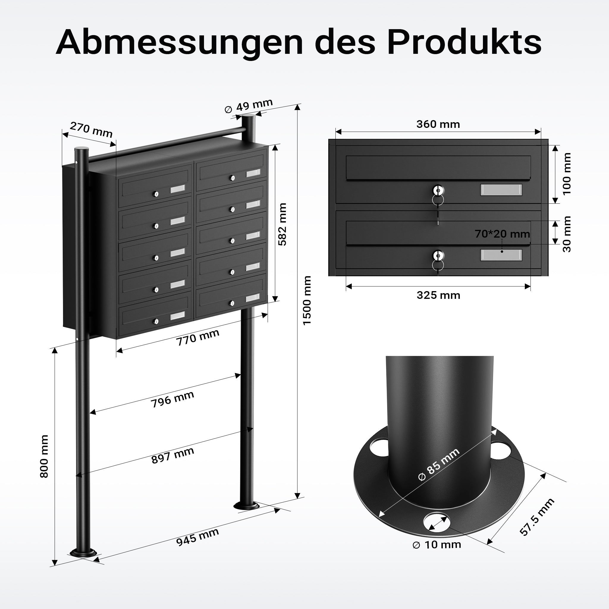 Cassetta postale condominiale autoportante, 10 posti, nero, 945 x 270 x 1500 mm 2 moduli