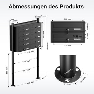 Cassetta postale condominiale autoportante, 10 posti, nero, 945 x 270 x 1500 mm 2 moduli