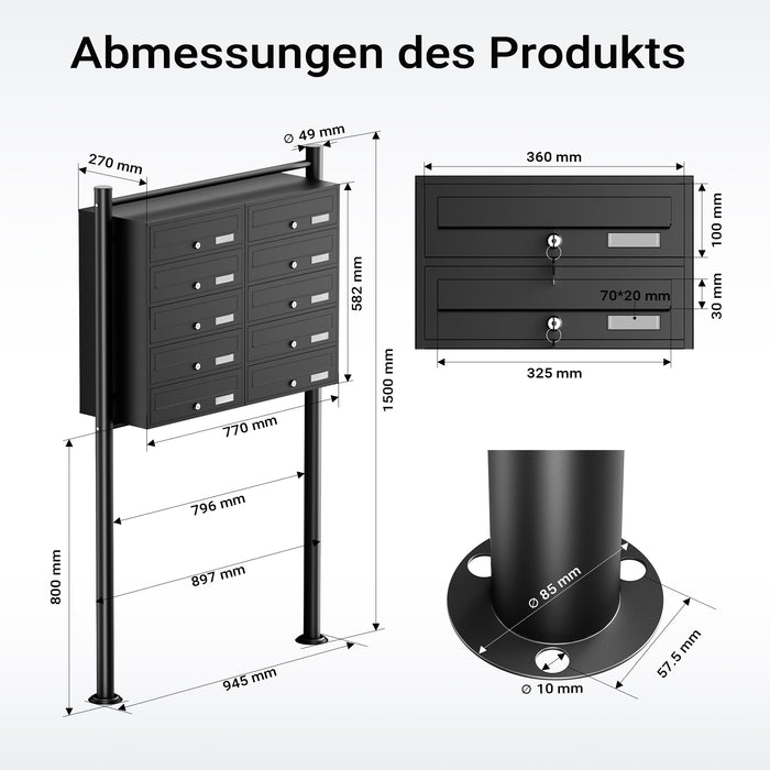 Cassetta postale condominiale autoportante, 10 posti, nero, 945 x 270 x 1500 mm 2 moduli