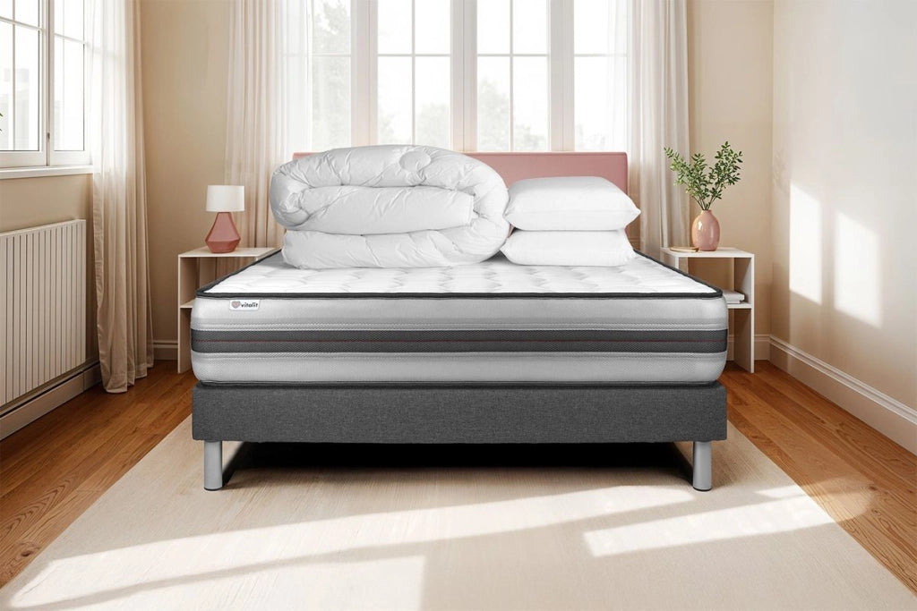 Pacchetto letto completo - Materasso 140x200cm + Box spring con doghe (in kit) + 2 cuscini + Piumino - Vitalpower Recover