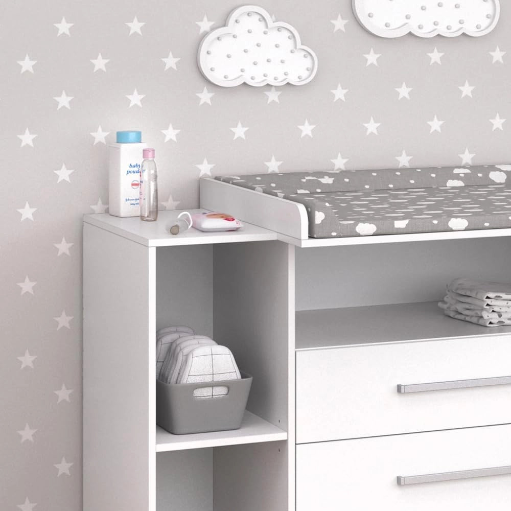Fasciatoio Oskar, Bianco, 113 x 100 cm con 3 ampi cassetti, convertibile in cassettiera grazie al fasciatoio rimovibile