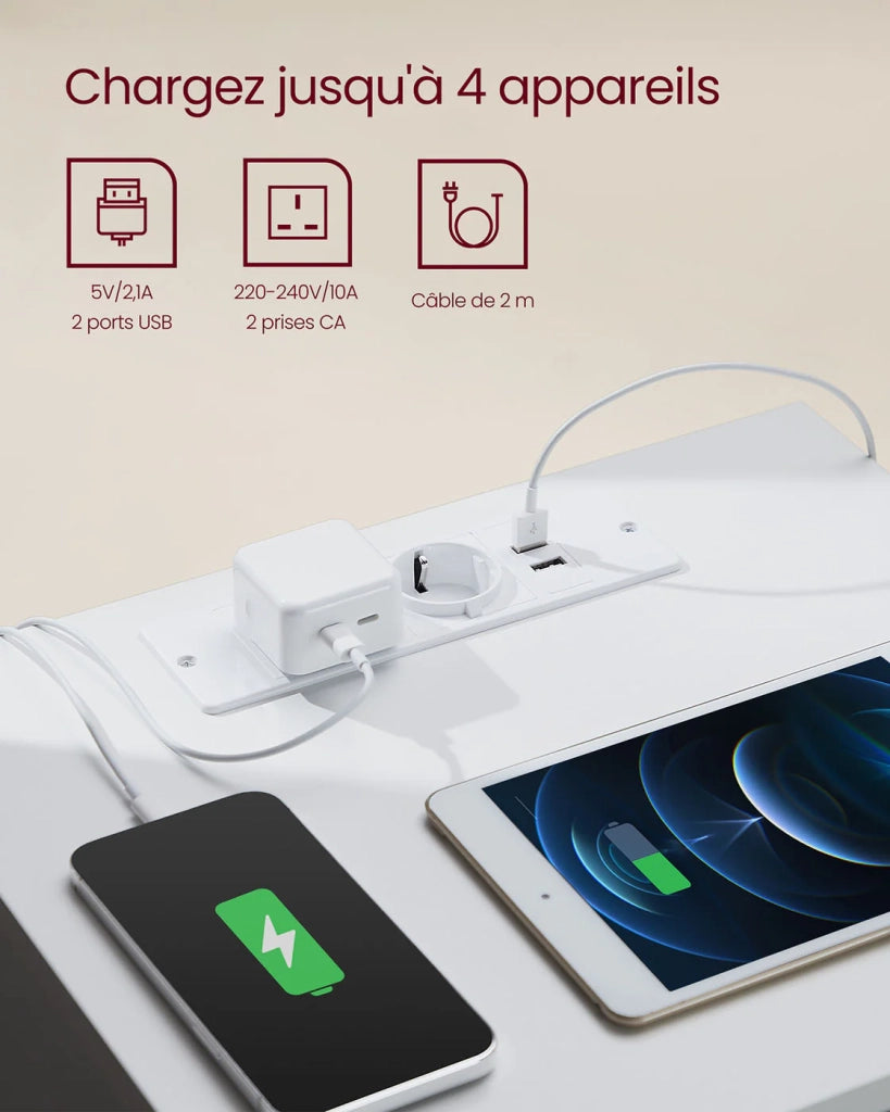 Comodino con multipresa tavolino con 3 cassetti 2 prese CA 2 porte USB frontali dei cassetti smussati per soggiorno camera da letto ufficio moderno bianco 12_0007612