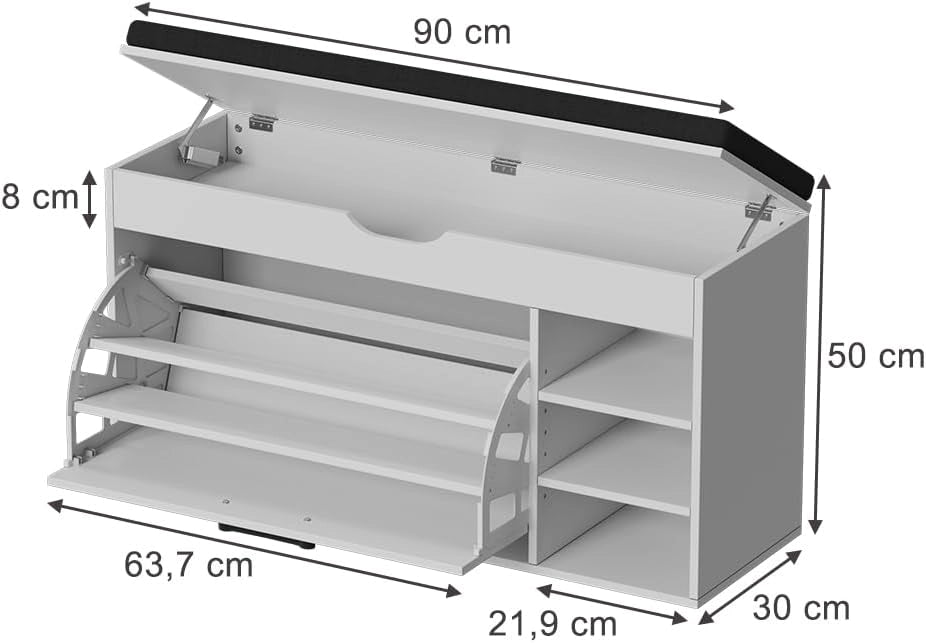 Vicco Panca scarpiera da ingresso Solino, Bianco/nero, 90 x 50 cm con sedile