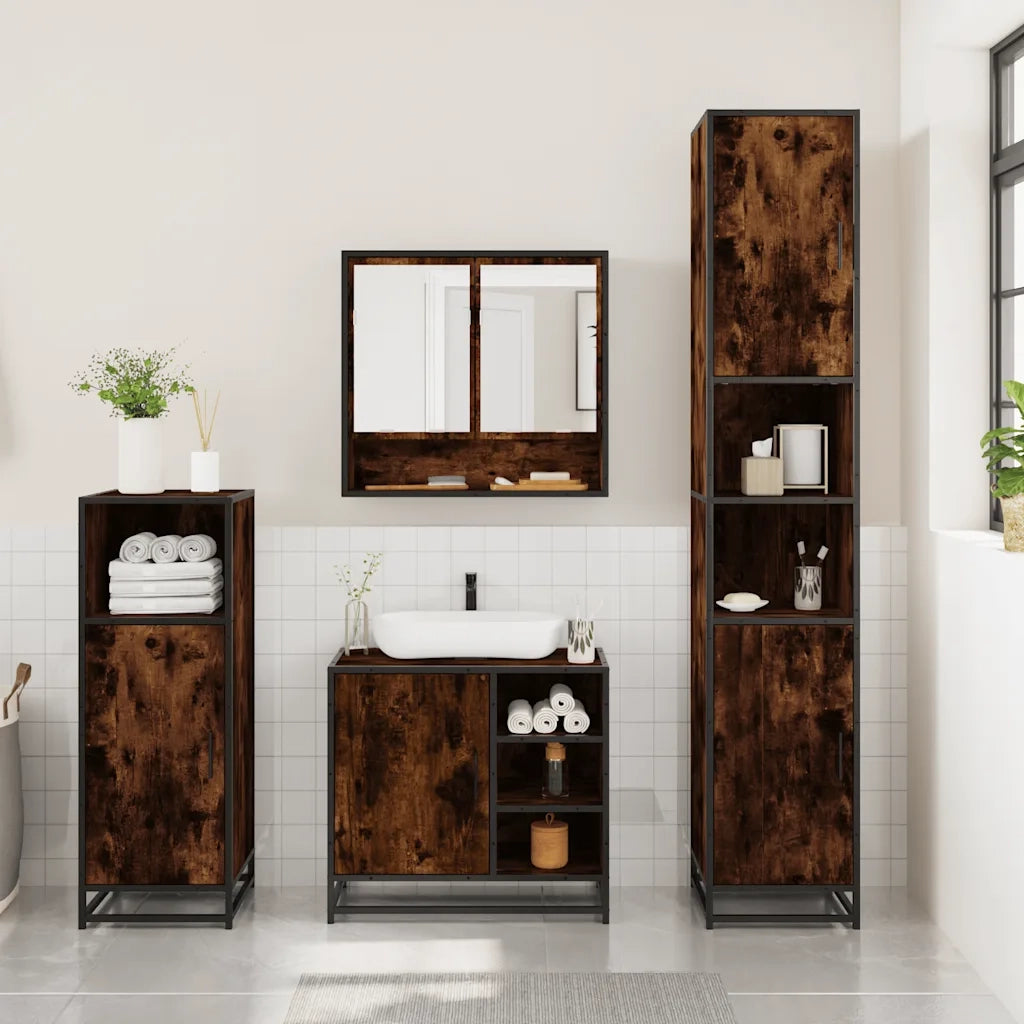 Set Mobili da Bagno | Armadio da bagno 3 pz Rovere Fumo in Legno Multistrato