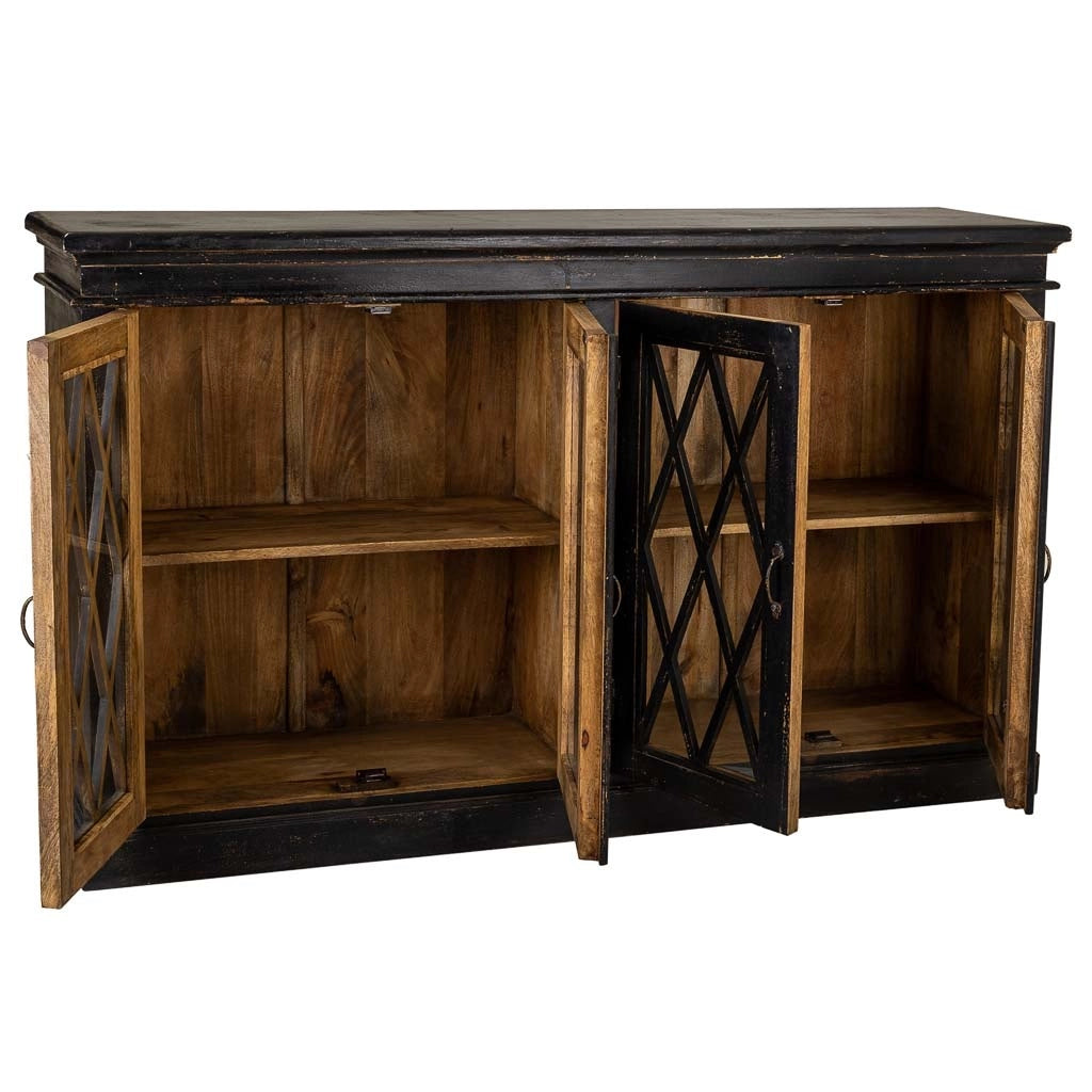 Credenza in legno e vetro artigianale nero 170x40x100