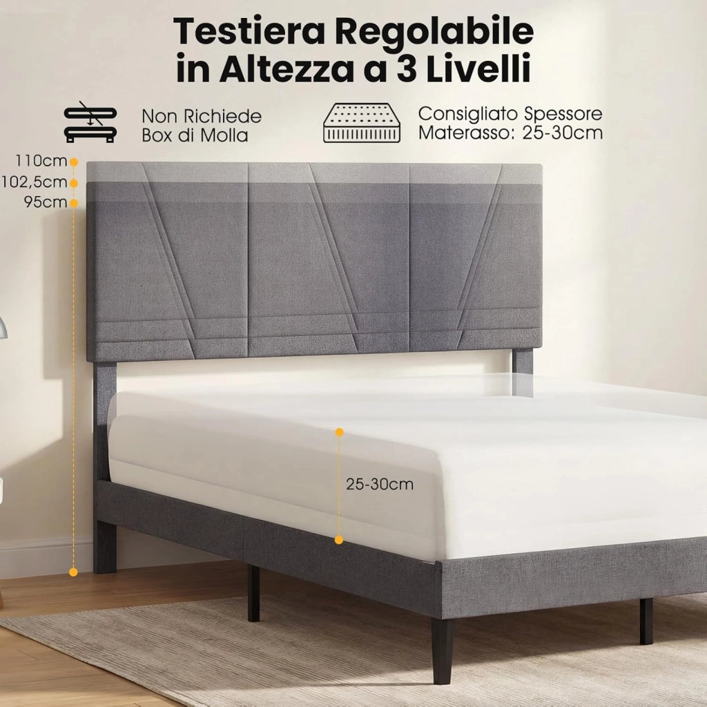 Struttura Letto Matrimoniale, Letto Piattaforma Rivestito in Lino con Testiera Regolabile in Altezza, Doghe in Legno a Supporto del Materasso, Silenzioso (200x160cm)