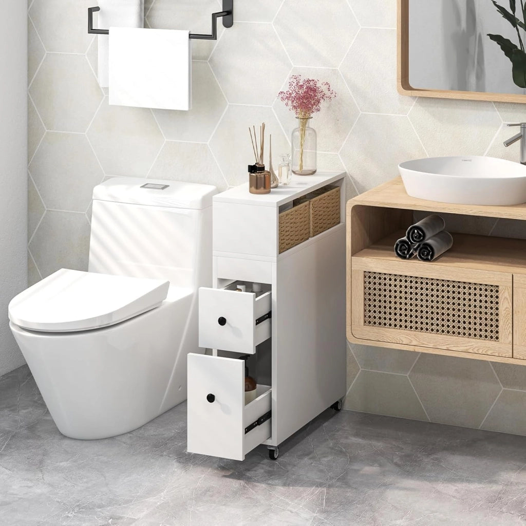 Mobile Bagno 50 x 19 x 72 cm, Arredo Salvaspazio con 2 Cassetti, 2 Cesti in Rattan, Ruote e Ripiani, Armadietto Stretto per Spazi Ridotti, Salotto e Cucina (Bianco)
