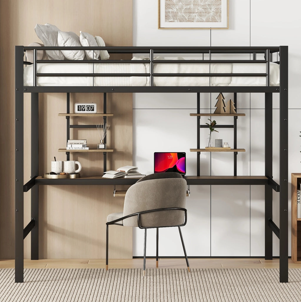 Letto a soppalco 140x200 cm con scrivania e 2 librerie in metallo e MDF nero