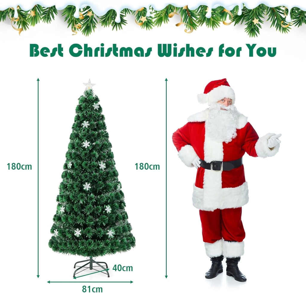 Albero di Natale 180 cm, con Luci LED, Rami Densi, Stelle Luminosi e Fibre Ottiche, Albero di Natale Realistico per Casa, Ufficio e Negozio, Verde (180 cm)