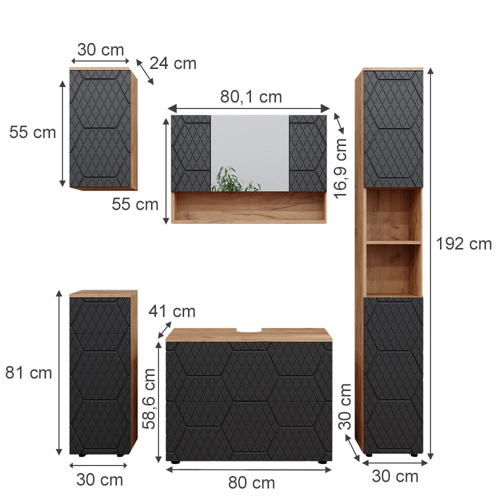 Vicco Set mobili bagno Antracite con struttura a nido d'ape 5 parti