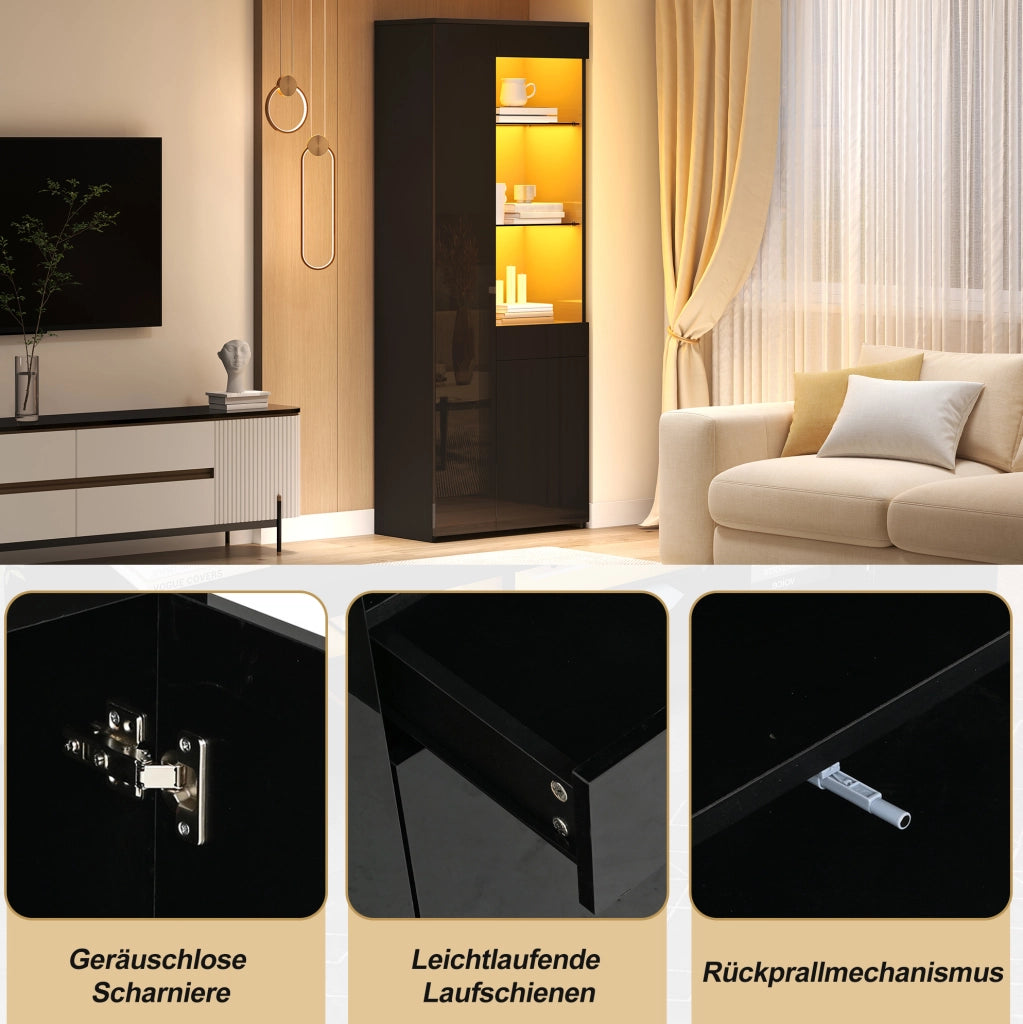 Vetrina alta nera 70x35x180 cm con LED, 2 ante, cassetto e ripiani in vetro