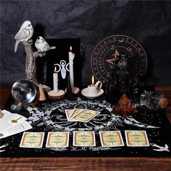Tavolo di Tarocchi per Streghe - Tavolino con Tappeto di Luna Trifacciale - Sacro Tavolo per Divinazione - Tavolo per Incantesimi e Sprechi Spirituali di una Strega