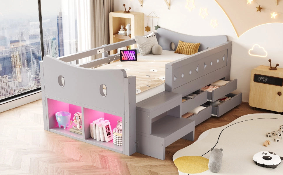 Letto per bambini 90 × 200 cm con 4 cassetti, 2 vani portaoggetti, LED, USB e Type-C, senza materasso, grigio