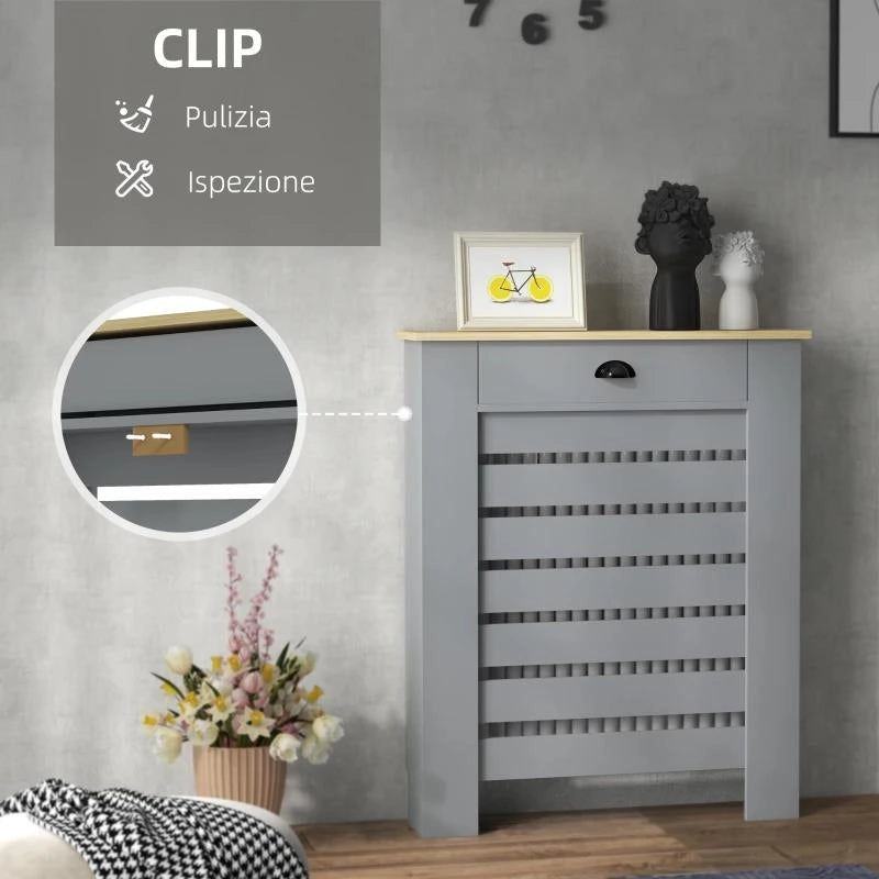 COPRITERMOSIFONE IN MDF A DOGHE, COPRICALORIFERO A GRIGLIA CON CASSETTO, 78X19X95.5 CM, GRIGIO