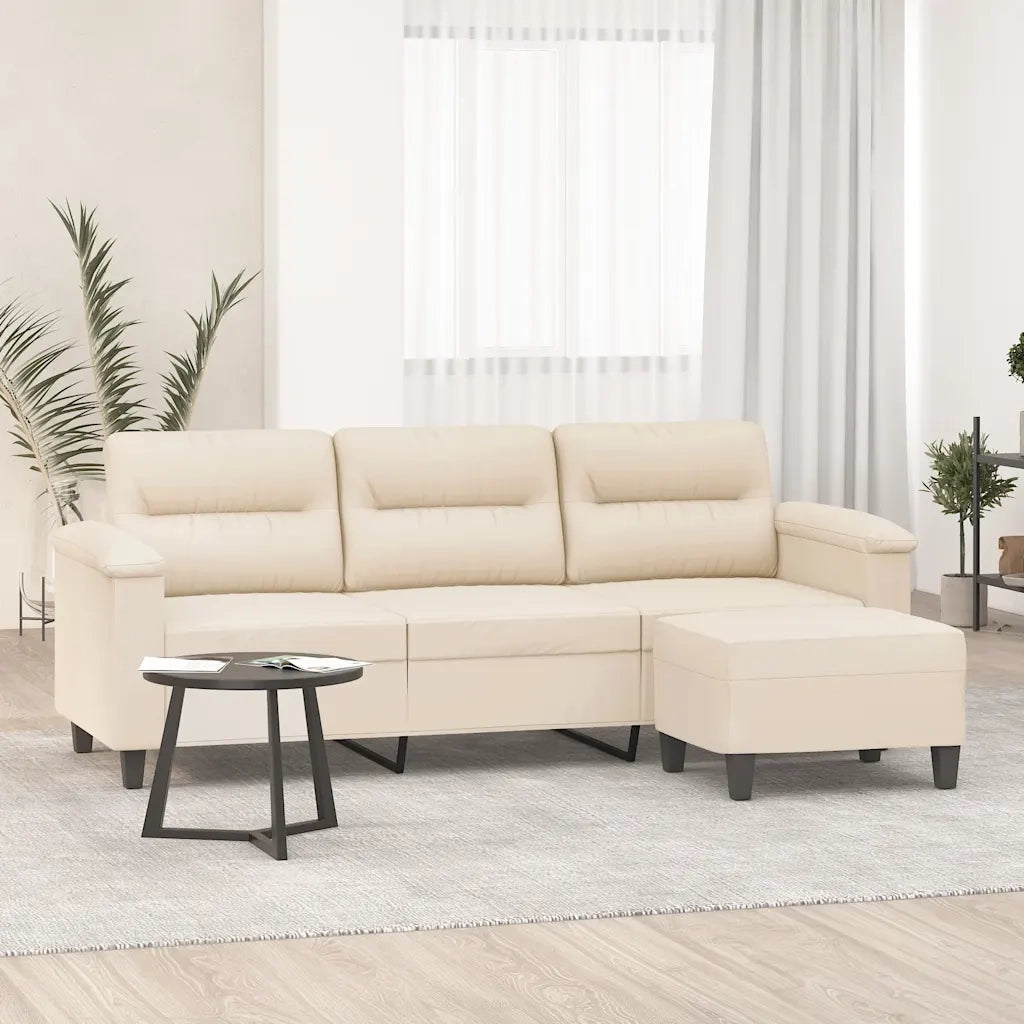 Divano a 3 Posti con Poggiapiedi Beige 180cm Tessuto Microfibra 3201236