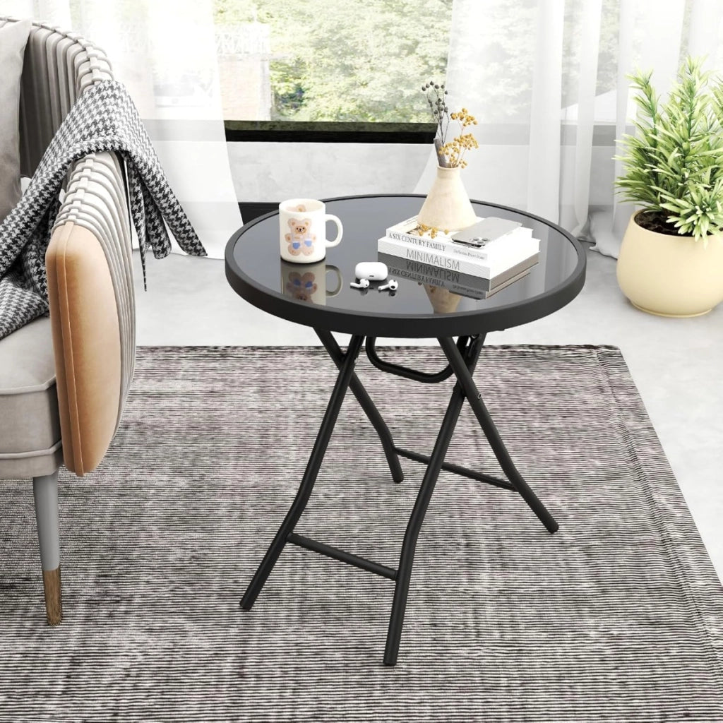 Tavolino pieghevole da 46 cm-Tavolino rotondo compatto da patio piano in vetro temperato Nero