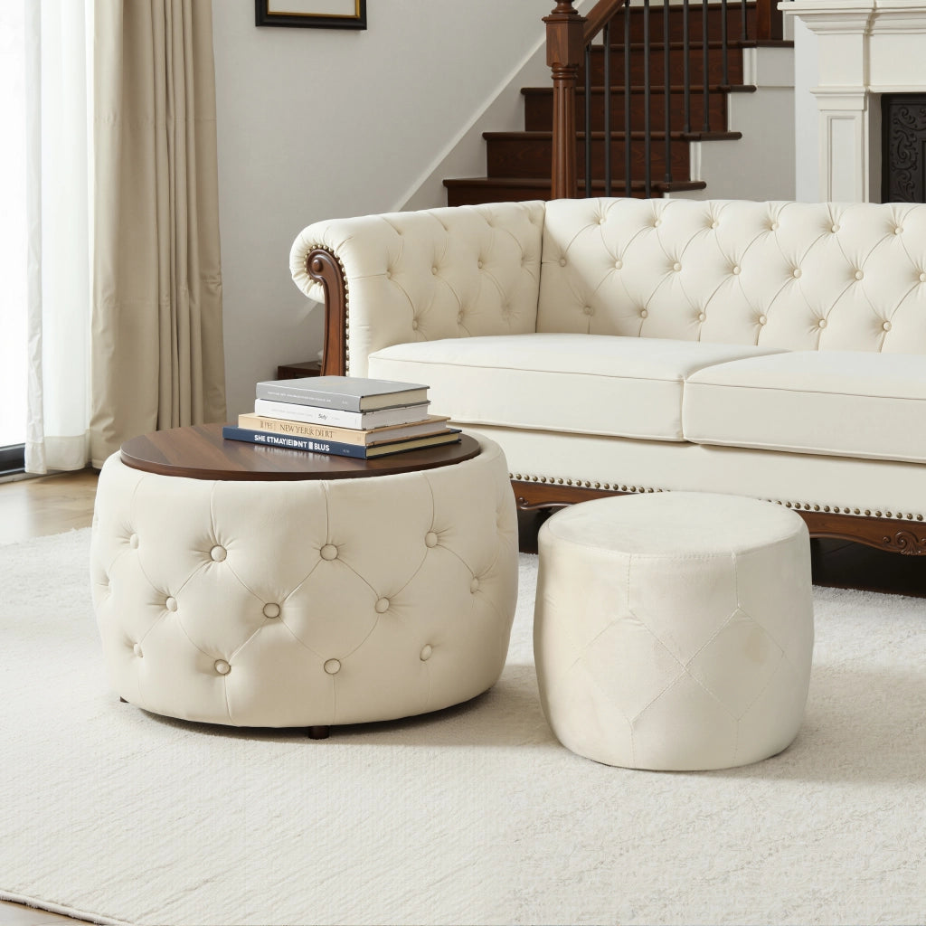 Pouf contenitore 2 pezzi salvaspazio 4 in 1 con vassoio rimovibile e vano interno in velluto beige 59,6 × 59,6 × 38 cm