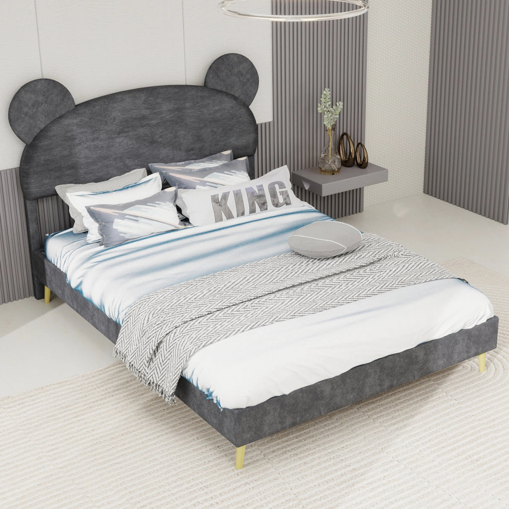 Letto per Bambini 140x200 cm; Letto Singolo - Testiera Orso; Angoli Arrotondati - Grigio