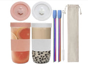 Tazza per Smoothie con Rami di Canne 2 in 1, Tazza per Smoothie, Bicchiere in Vetro Riciclabile per Bevande, per Caffè, Milkshakes, Succo, Smoothies, Birra, Bevande (Rosso, Bianco)