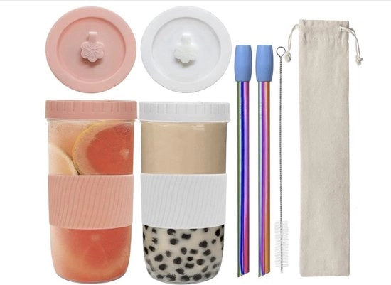Tazza per Smoothie con Rami di Canne 2 in 1, Tazza per Smoothie, Bicchiere in Vetro Riciclabile per Bevande, per Caffè, Milkshakes, Succo, Smoothies, Birra, Bevande (Rosso, Bianco)