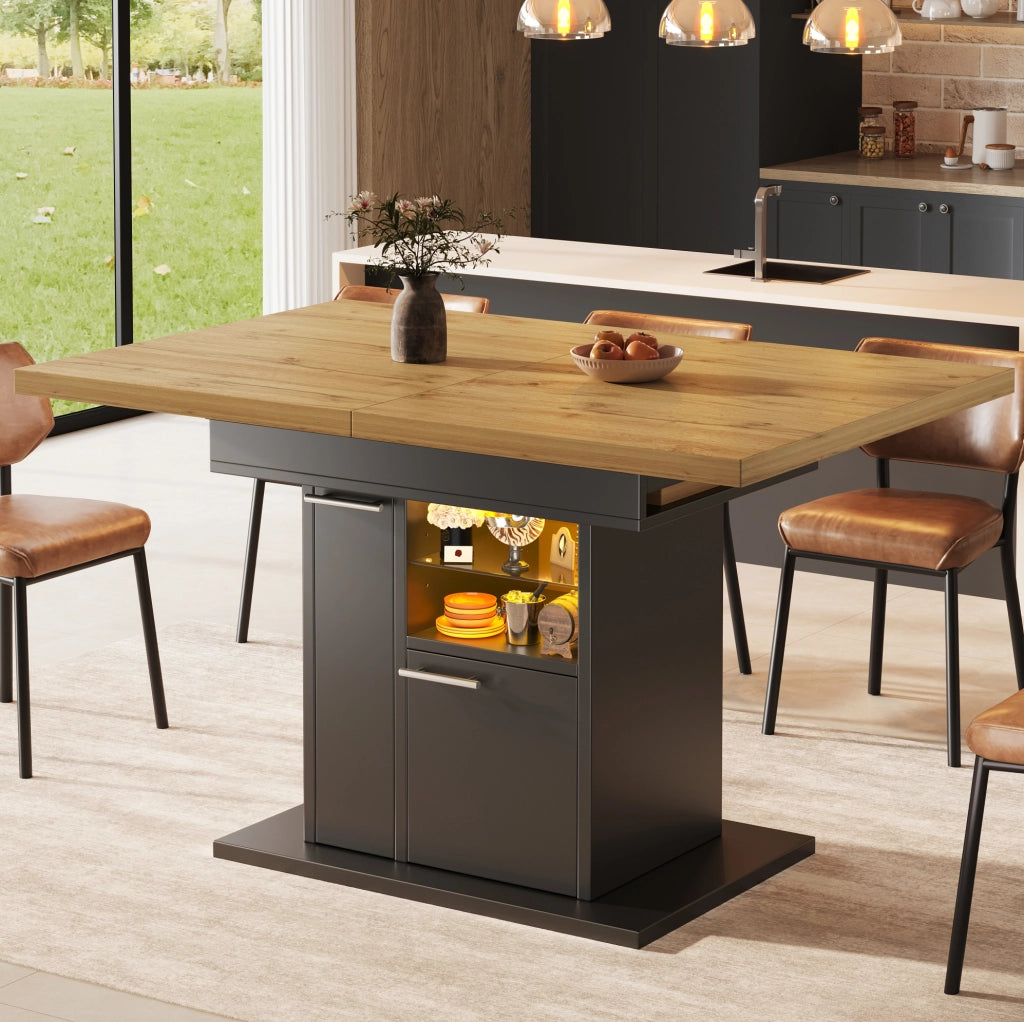 Tavolo da pranzo allungabile 140x80 cm nero – vano contenitore, LED, 4-6 persone