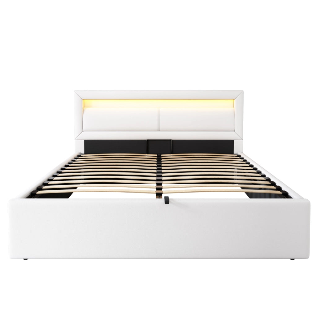 OKWISH Letto Contenitore Letto Matrimoniale con LED, Testiera 80 cm, 140×200 cm, senza Materasso, in PU, Bianco