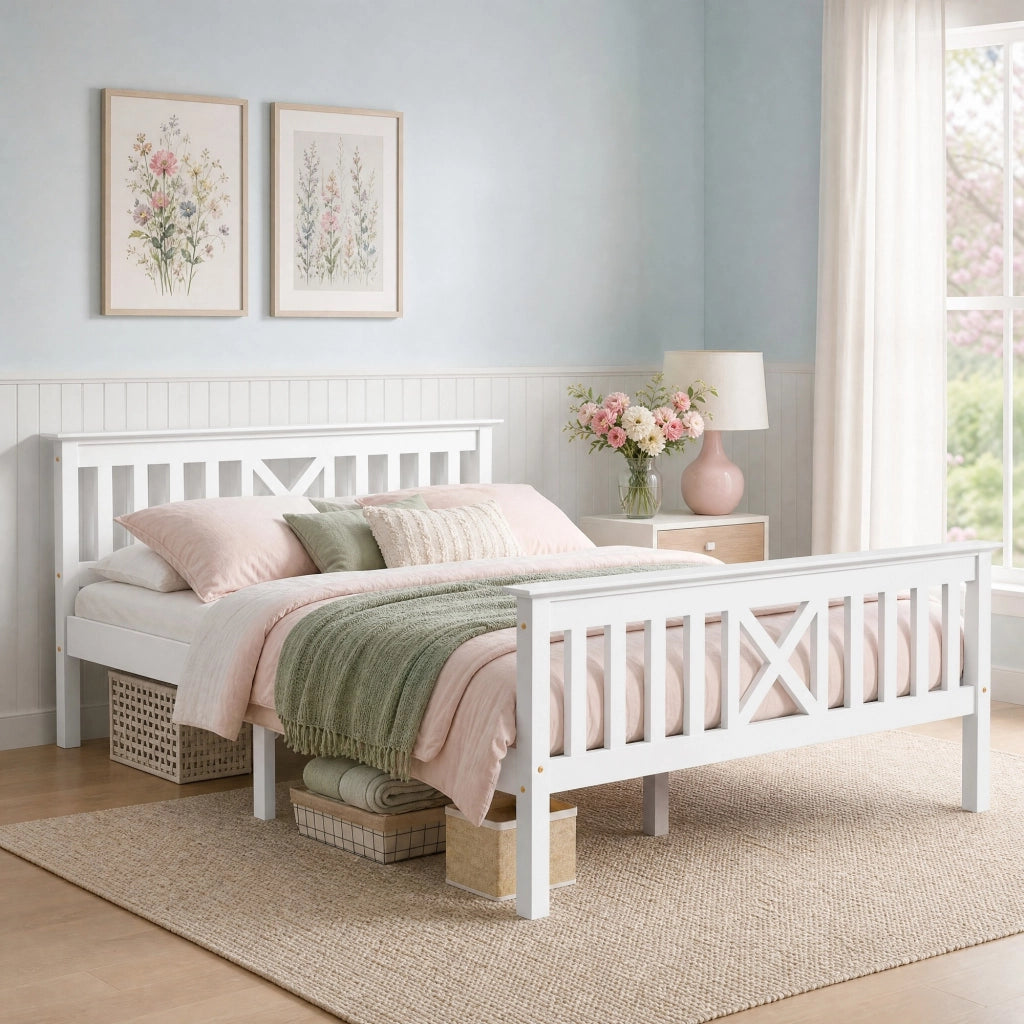 Letto matrimoniale in legno massello 140x200 cm con testiera a X, rete a doghe e spazio contenitore, bianco