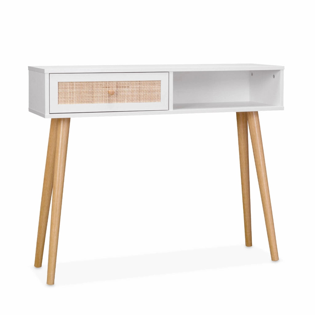 Consolle scandinava con effetto legno e canna, 100cm, bianco sporco