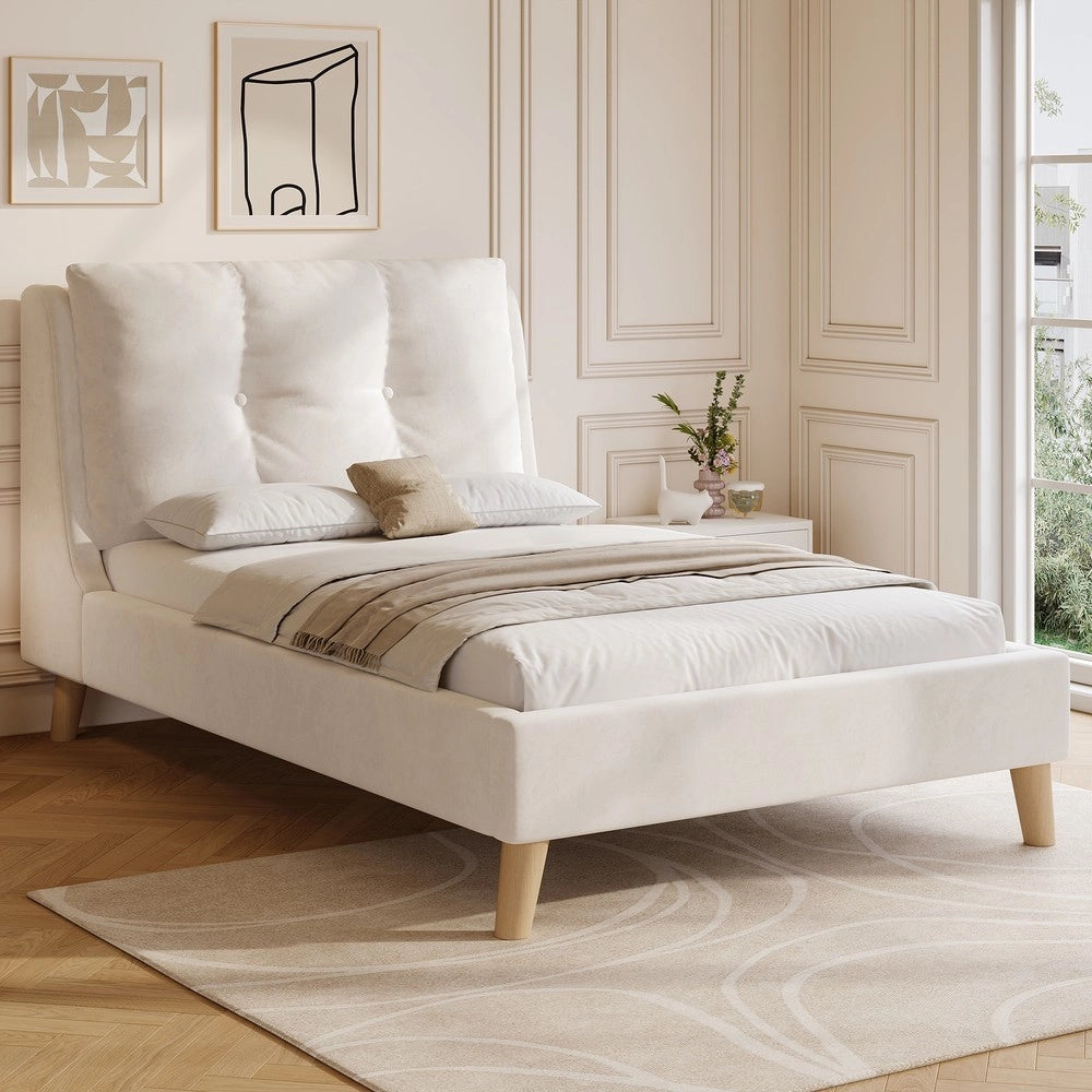 Letto Singolo Imbottito con Testiera e Rete a Doghe ¨C MINIMAL ¨C Velluto Beige 90x200