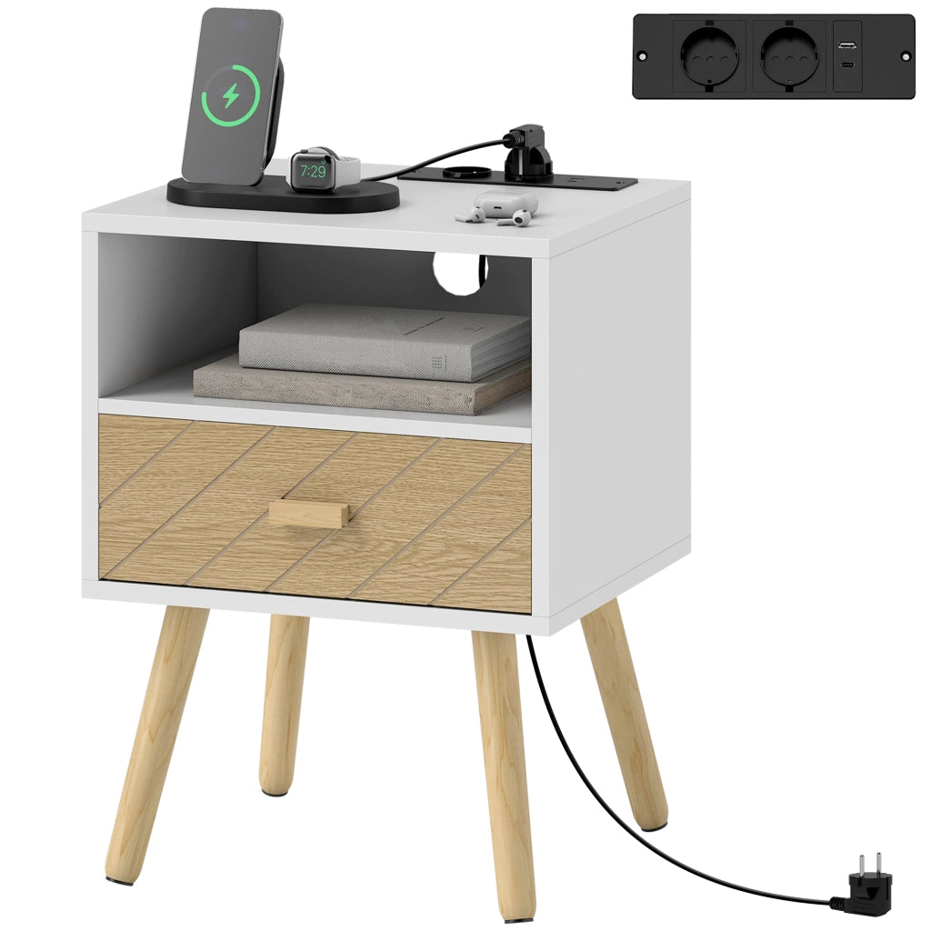 Comodino con stazione di ricarica ¨C Xylo ¨C 2 prese AC, USB-C, cassetto, legno bianco