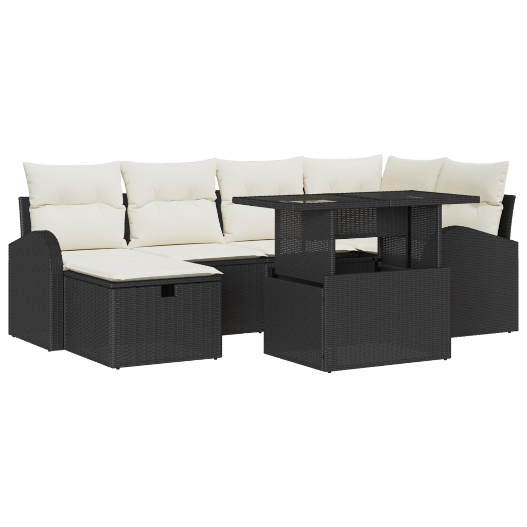 Set divano da giardino  7 pezzi con cuscini neri in polyrattan