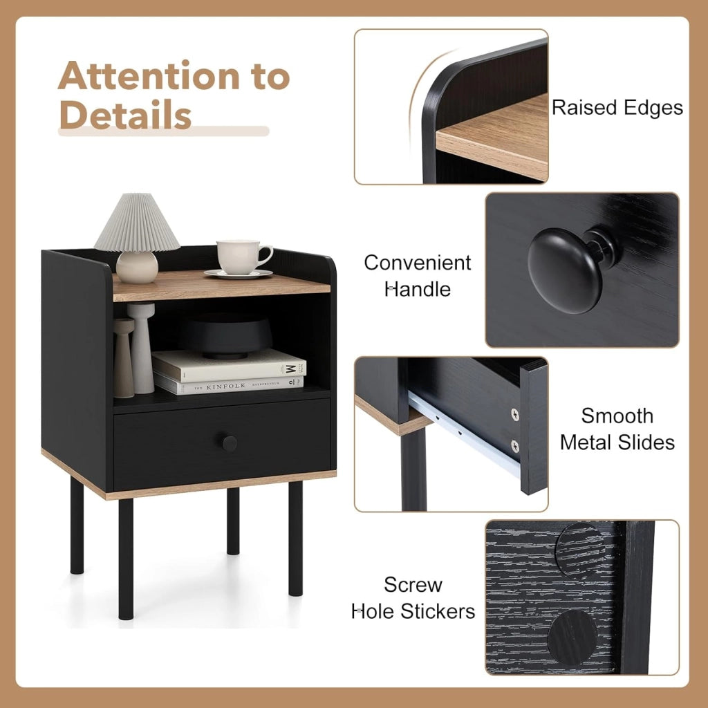 Comodino in Legno con Cassetto, Tavolino da Salotto con Ripiano Aperto, Comodino Moderno per Camera da letto, Soggiorno, Cameretta, 40,5 x 35 x 56 cm (1, Nero)