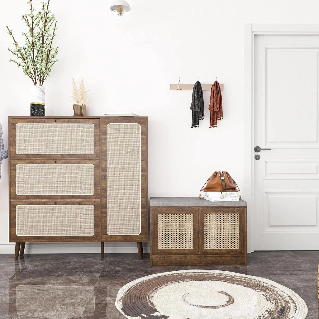 scarpiera Scarpiera, Armadietto portascarpe con 3 cassetti ribaltabili in rattan e ripiani portaoggetti, Armadietto portascarpe autoportante a 3 livelli per ingresso, corridoio, camera da letto,