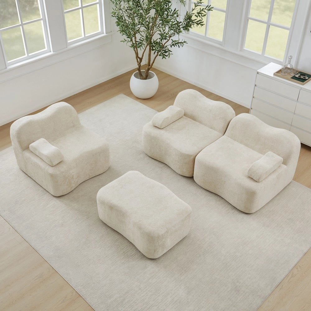 Divano Angolare Modulare 3 Posti con Poggiapiedi ¨C Xylo ¨C Beige, Tessuto, Seduta Profonda