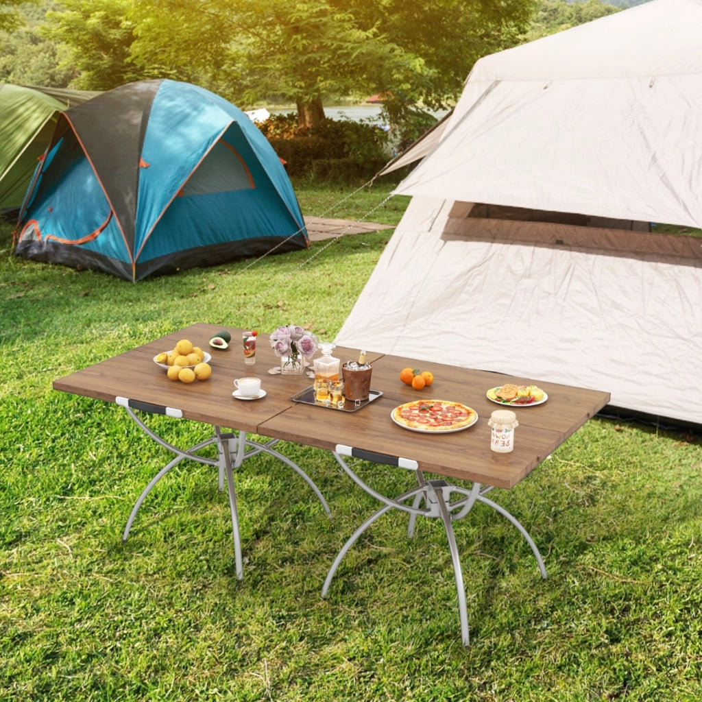 Tavolo da picnic leggero estendibile con piano effetto legno in alluminio-Set di 2 tavoli da campeggio pieghevoli Naturale