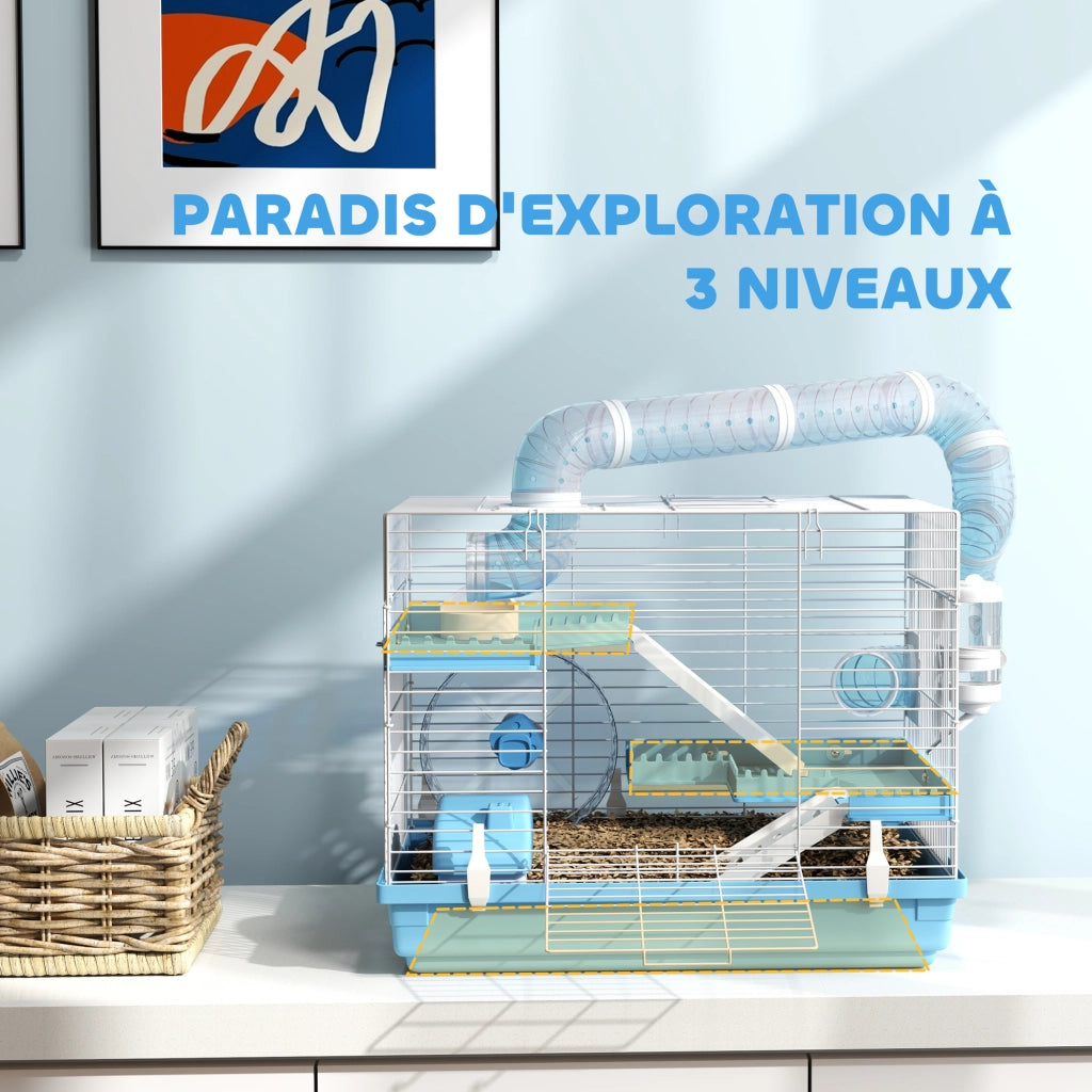 Gabbia per criceti con casetta, ruota, ciotola e bottiglia ¨C Minimal ¨C 47.5x31.5x29.5 cm blu