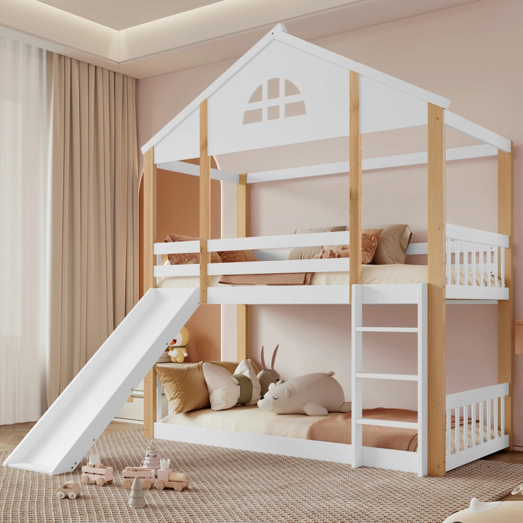 Letto a castello con scivolo e finestre in legno massello e MDF 90x200 cm