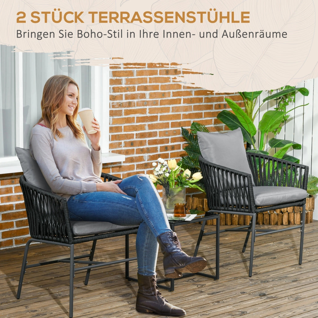 Set di sedie da giardino 2 pezzi con cuscini in acciaio nero e rivestimenti sfoderabili 71 × 57 × 60 cm