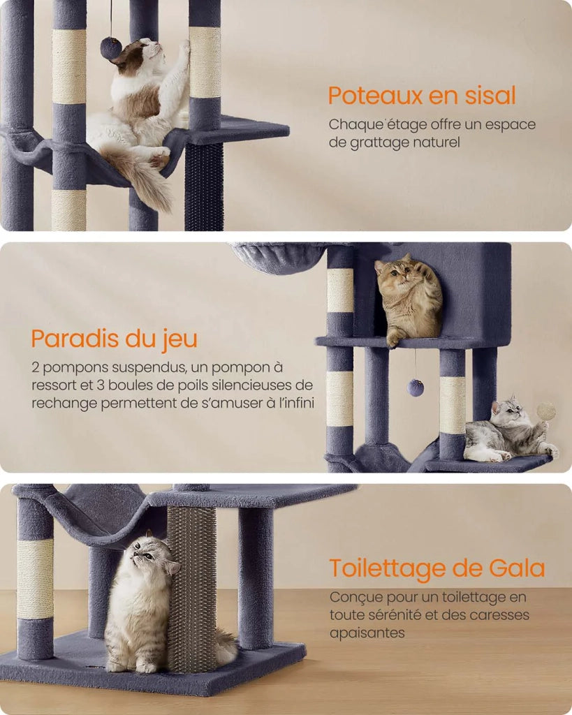Tiragraffi per gatti torre per gatti alta 175 cm rifugio per gatti a più livelli con 2 nicchie 2 cestini 5 tiragraffi trespolo autopulente amaca grigio scuro 12_0003887