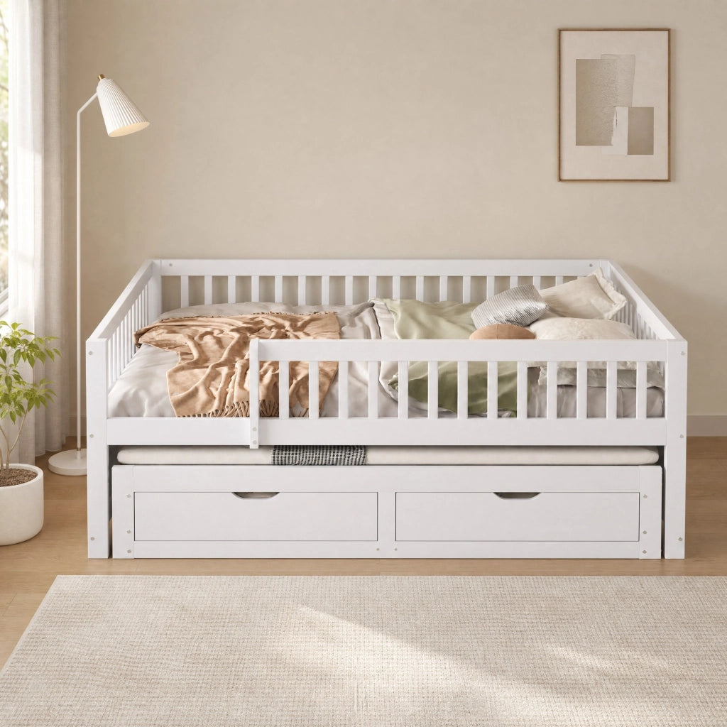 LETTO Multifunzionale 140x200 cm Bianco con letto estraibile e 2 cassetti