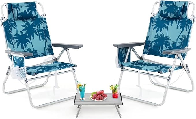 Set di Sedie e Tavolino da Giardino, Tavolo Laterale e Sedie Pieghevole con Schienale Regolabile a 5 Angolazioni, Struttura in Alluminio e Portabicchieri,Set di Mobili per Picnic (Blu)