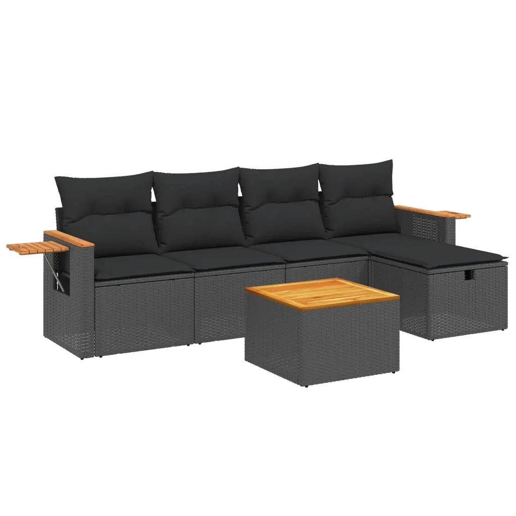 Set Divano da Giardino 6 pz con Cuscini Nero in Polyrattan