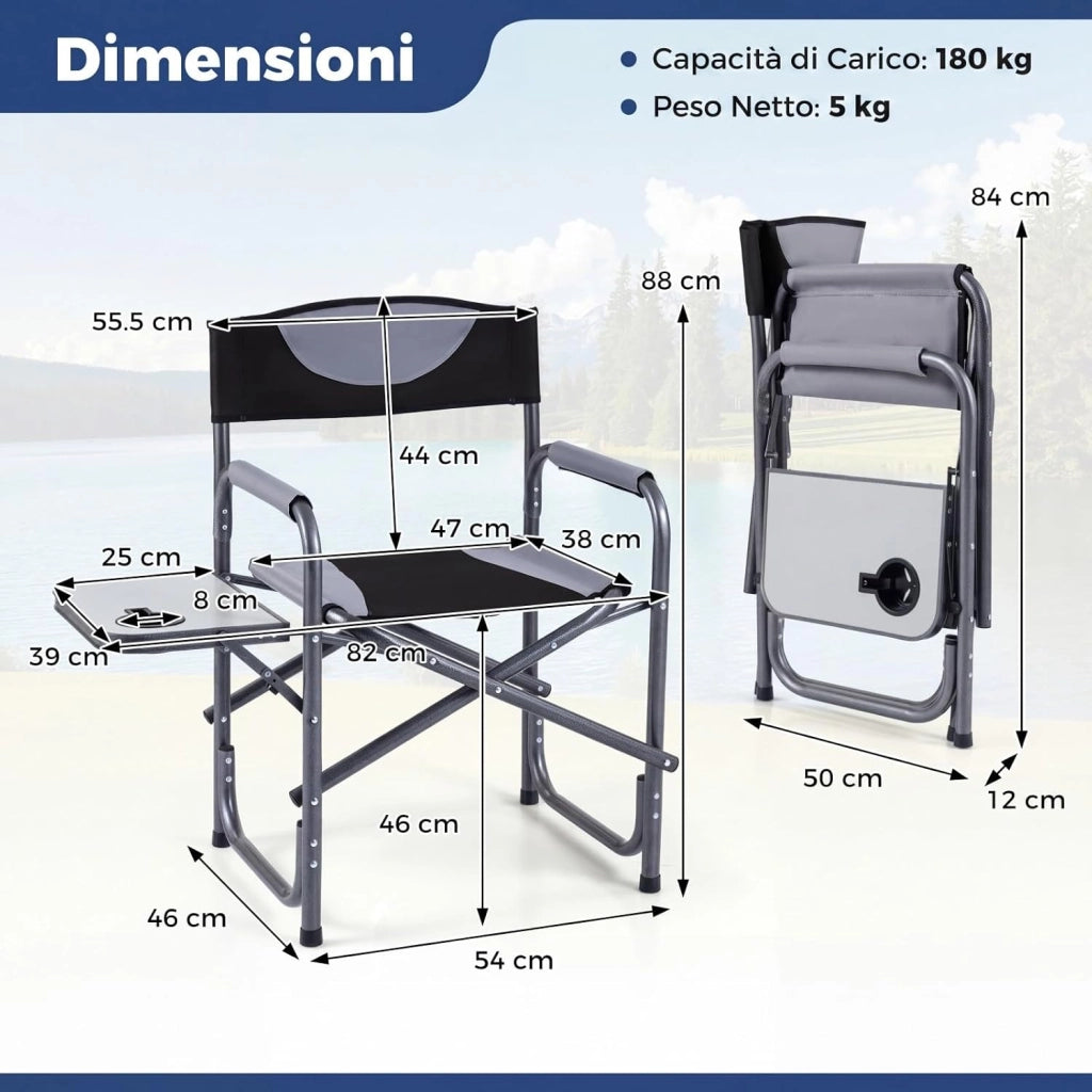 Sedia da Regista Imbottita con Tavolino, Ampio Sedile, Braccioli e Schienale, Sedia da Campeggio Pieghevole con Telaio Metallico per Eventi Sportivi e Pesca, Portata 180 kg (Nero)