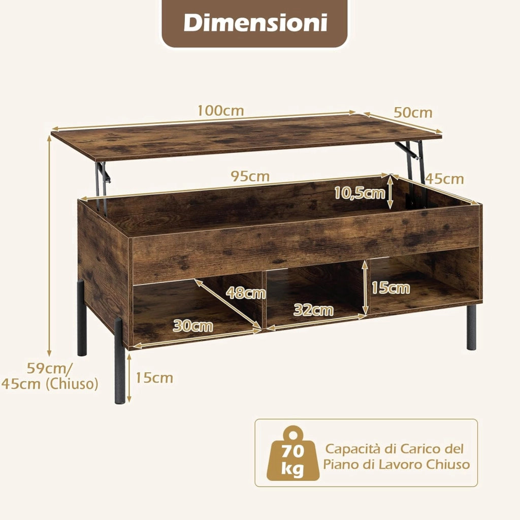 Tavolino da Caffè Sollevabile, Tavolo da Salotto con Piano Sollevabile, Ampio Comparto Nascosto, 3 Scomparti Aperti e Gambe in Metallo, Ideale per Salotto e Ufficio (Marrone)